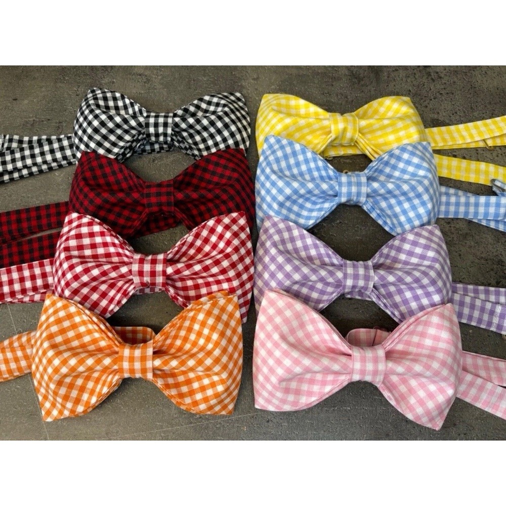 NEW Custom Mens Gingham Bow Tie Pre-tied Adjustable Gift Orange/White Check - Picture 4 of 4